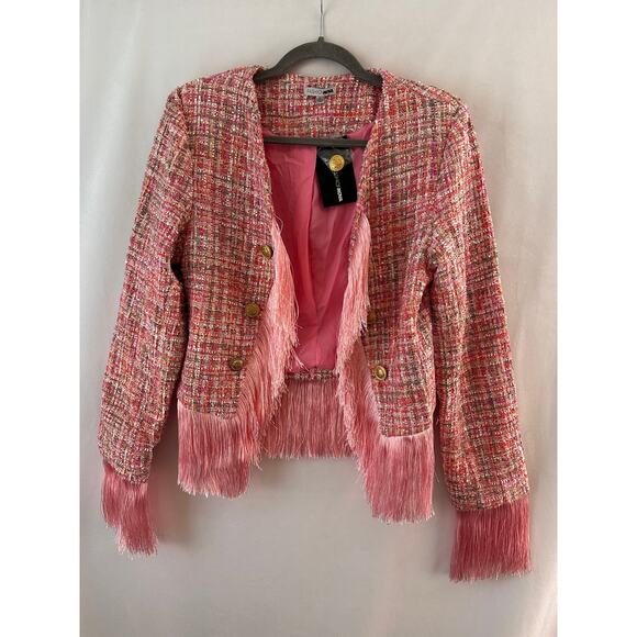 Fashion Nova Pink Tweed Fringed Blazer Clueless Western Chic Cowgirl Jacket NEW - Picture 1 of 5